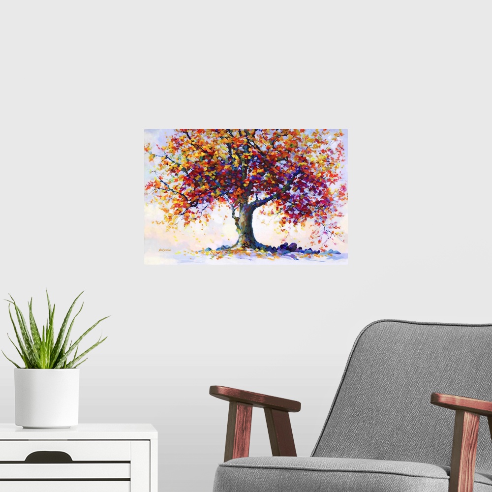 A modern room featuring This contemporary landscape brings to life a majestic tree in full autumnal bloom. Its branches a...