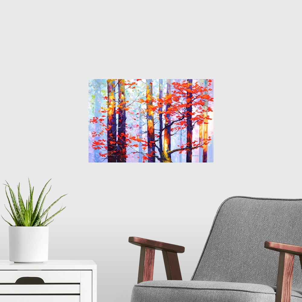 A modern room featuring This contemporary piece captures a serene autumnal forest scene, where the trees stand tall in a ...