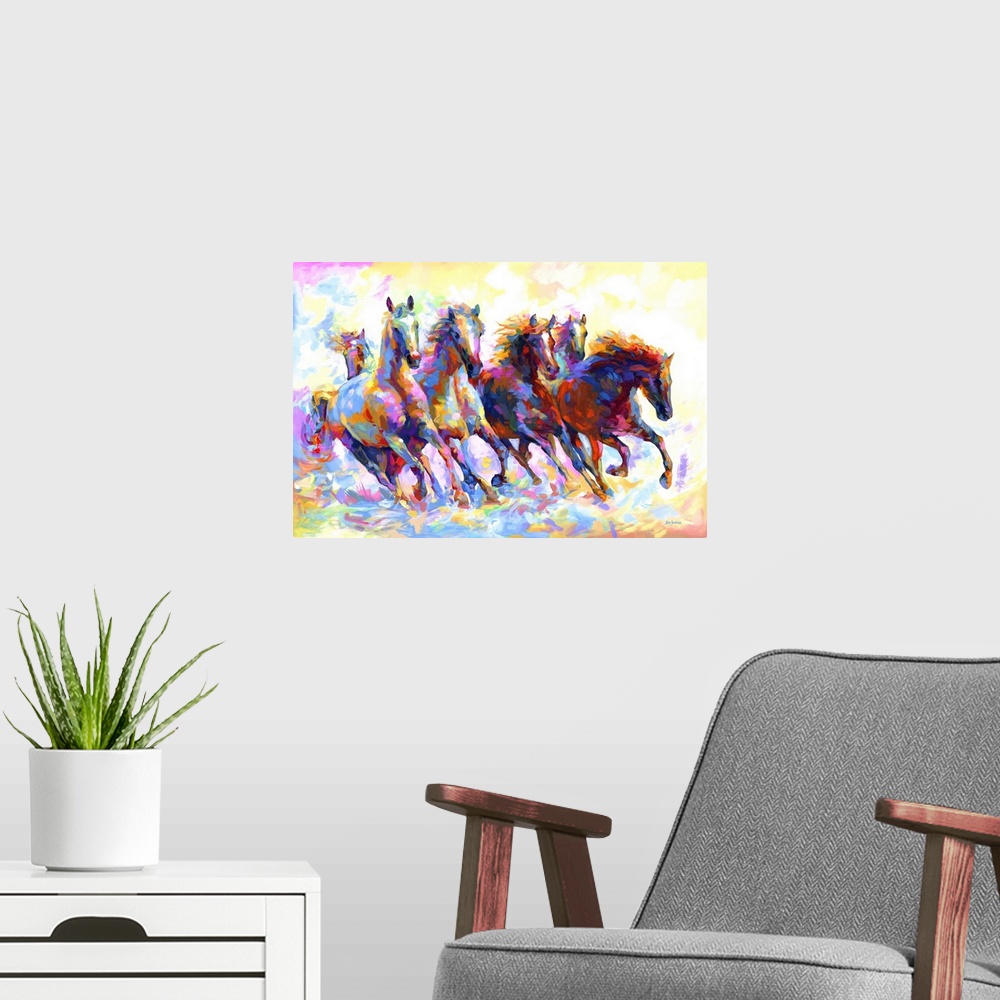 A modern room featuring Wild Horses Running