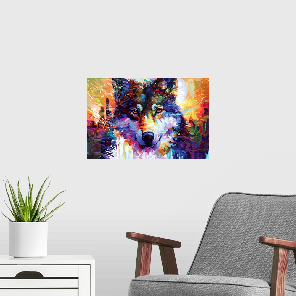 A modern room featuring This vibrant portrait captures a wolf's gaze against a cityscape backdrop, merging wild instinct ...