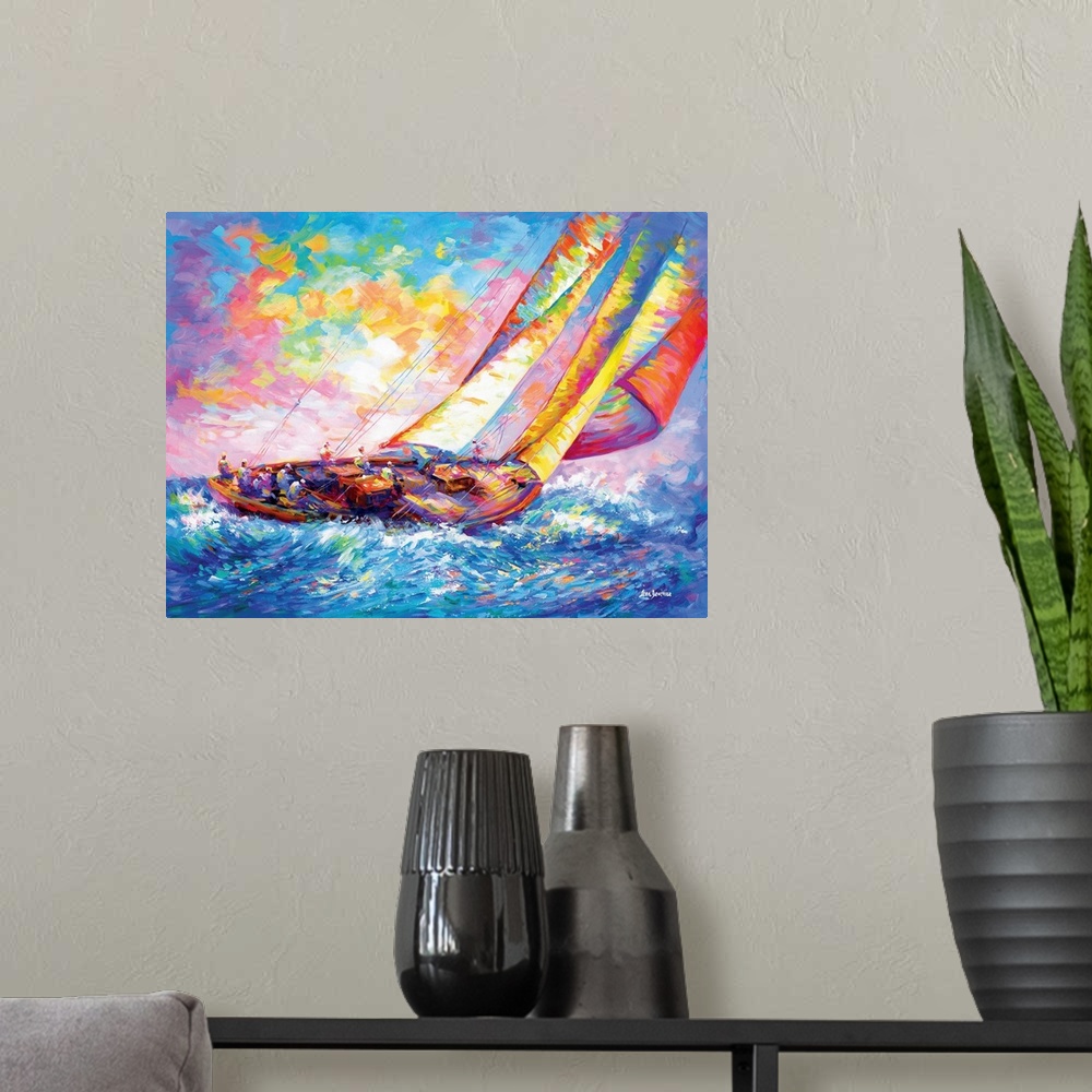 A modern room featuring A vibrant and colorful painting of a sailboat crew racing on ocean waves in the style of contempo...