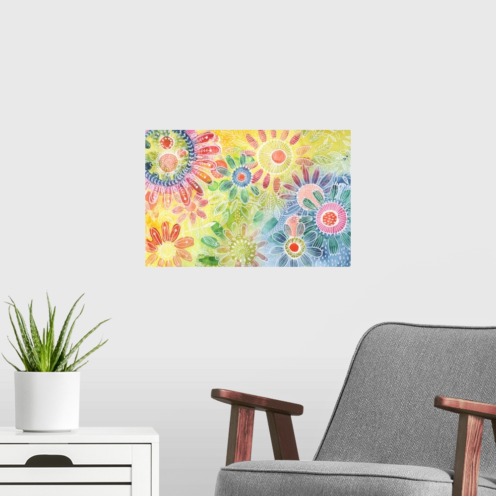 A modern room featuring Colorful abstract inspired by flowers. Mixed Media.