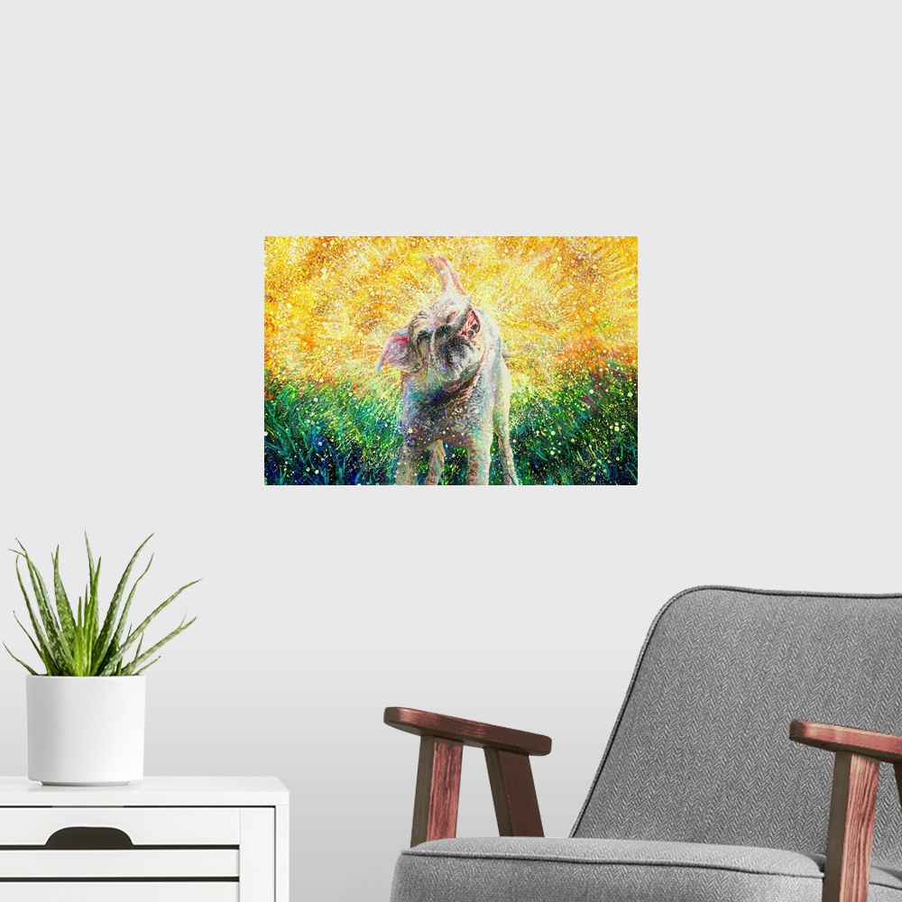 A modern room featuring Brightly colored contemporary artwork of a small dog shaking off water.