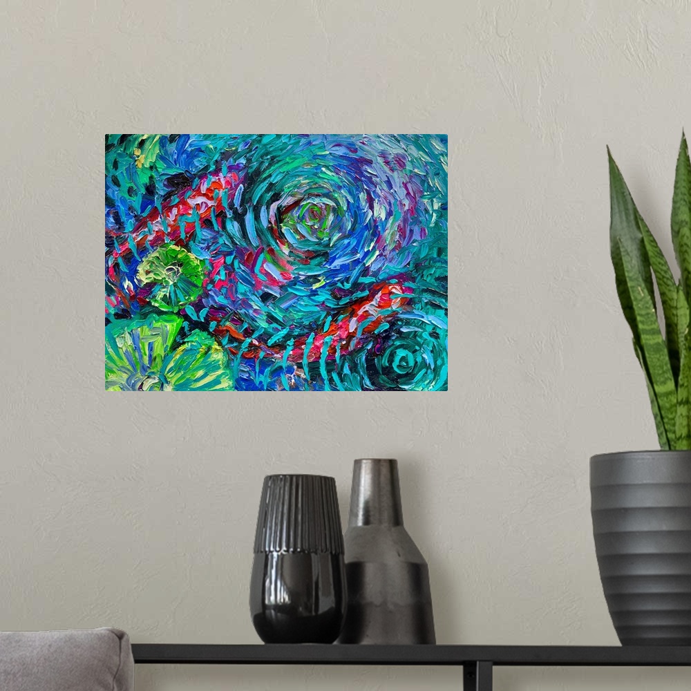 A modern room featuring Brightly colored contemporary artwork of a koi fish under rippling water.