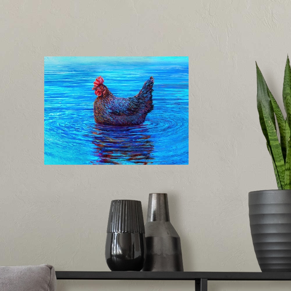 A modern room featuring Brightly colored contemporary artwork of a chicken at sea.
