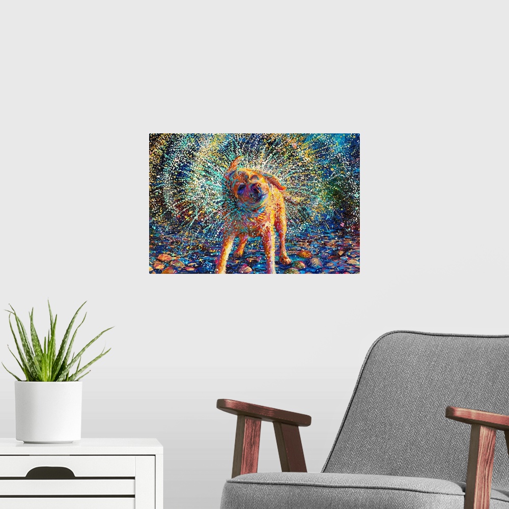 A modern room featuring Brightly colored contemporary artwork of a tan dog shaking off water.