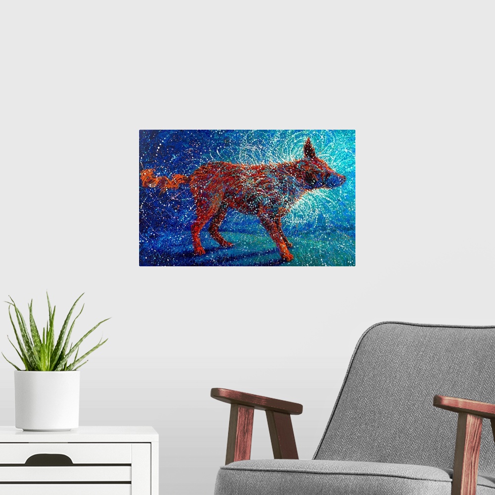 A modern room featuring Brightly colored contemporary artwork of an orange dog shaking off water.