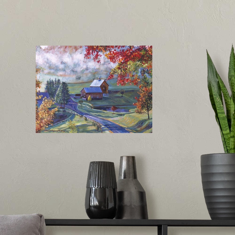 A modern room featuring Landscape painting of a red barn in the countryside.