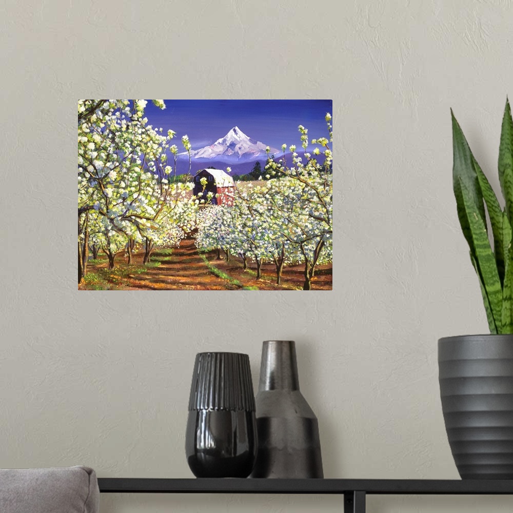 A modern room featuring An apple orchard in spring bloom. Mount Hood forms the backdrop.