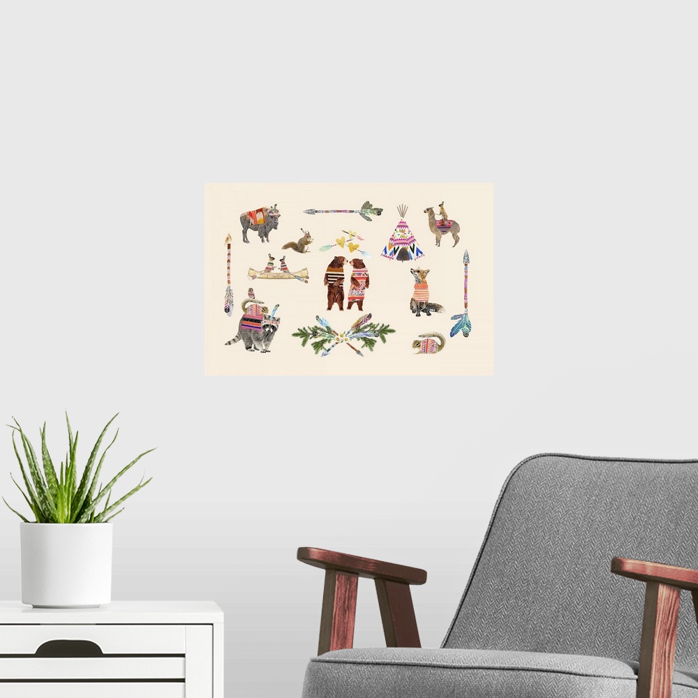 A modern room featuring Illustration of a variety of woodland creatures wearing sweaters on a linen background.