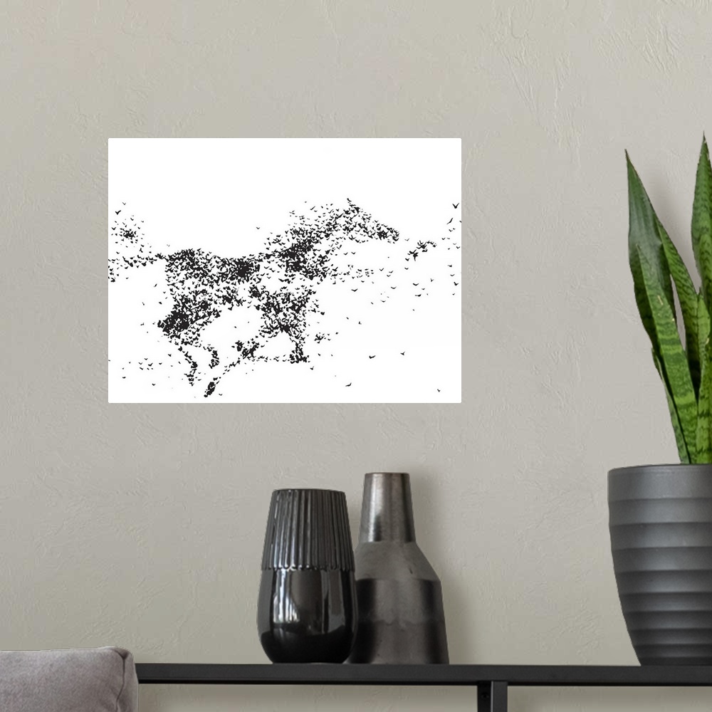 A modern room featuring Painting of a horse formed of black paint splatters and drips on white.