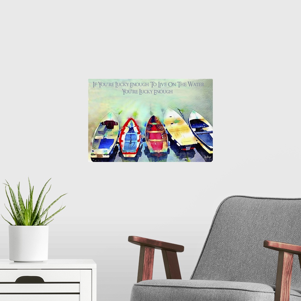A modern room featuring Row of colorful boats on the water with a sentiment of gratitude.