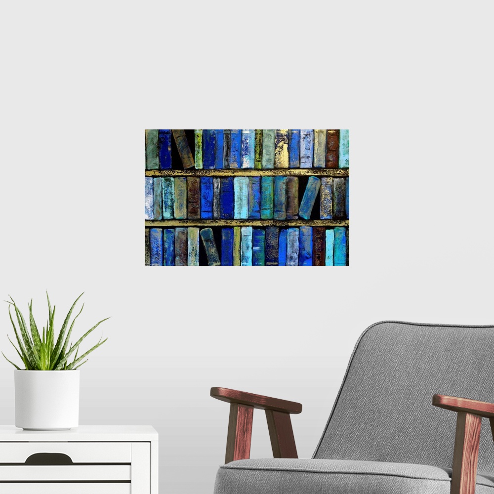 A modern room featuring Three shelves of books in varying shades of blue.