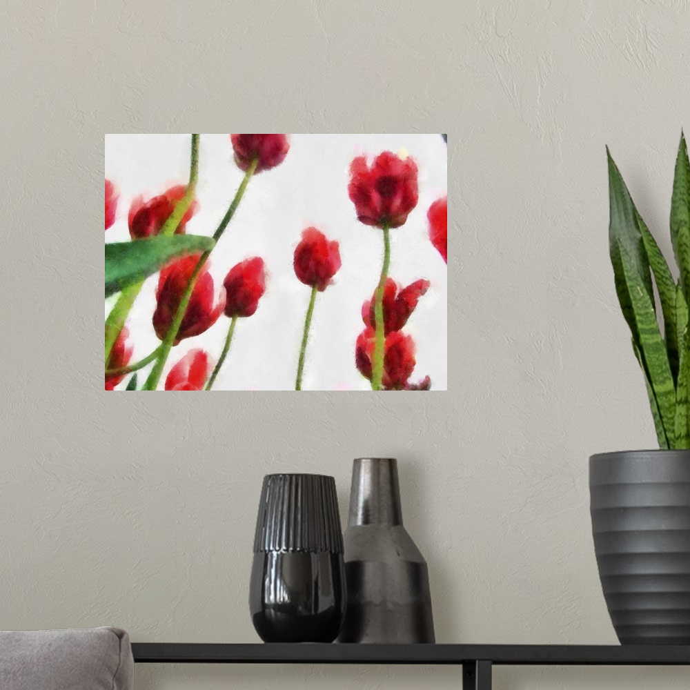 A modern room featuring Red Tulips from the Bottom Up I