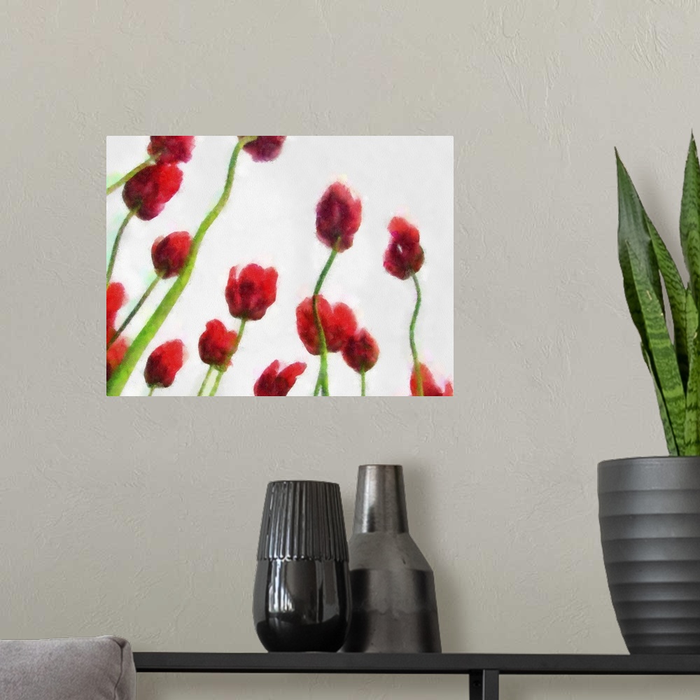 A modern room featuring Red Tulips from the Bottom Up III