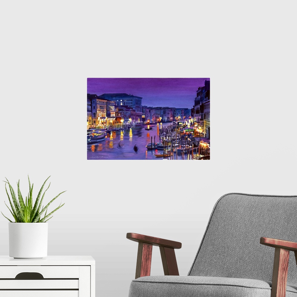 A modern room featuring Contemporary painting of boats in the Venice canals, illuminated at night.