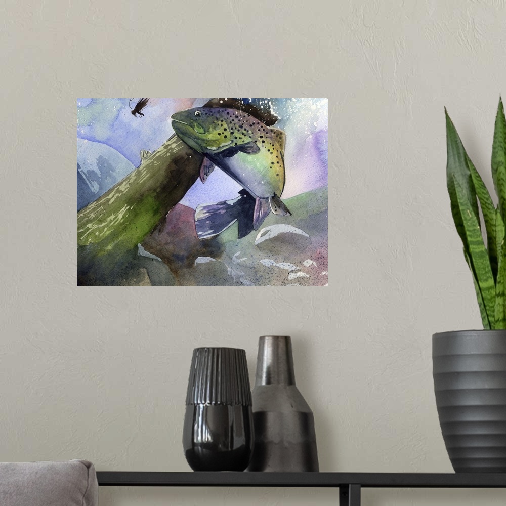 A modern room featuring Painting of a rainbow trout underwater trying to catch a lure.