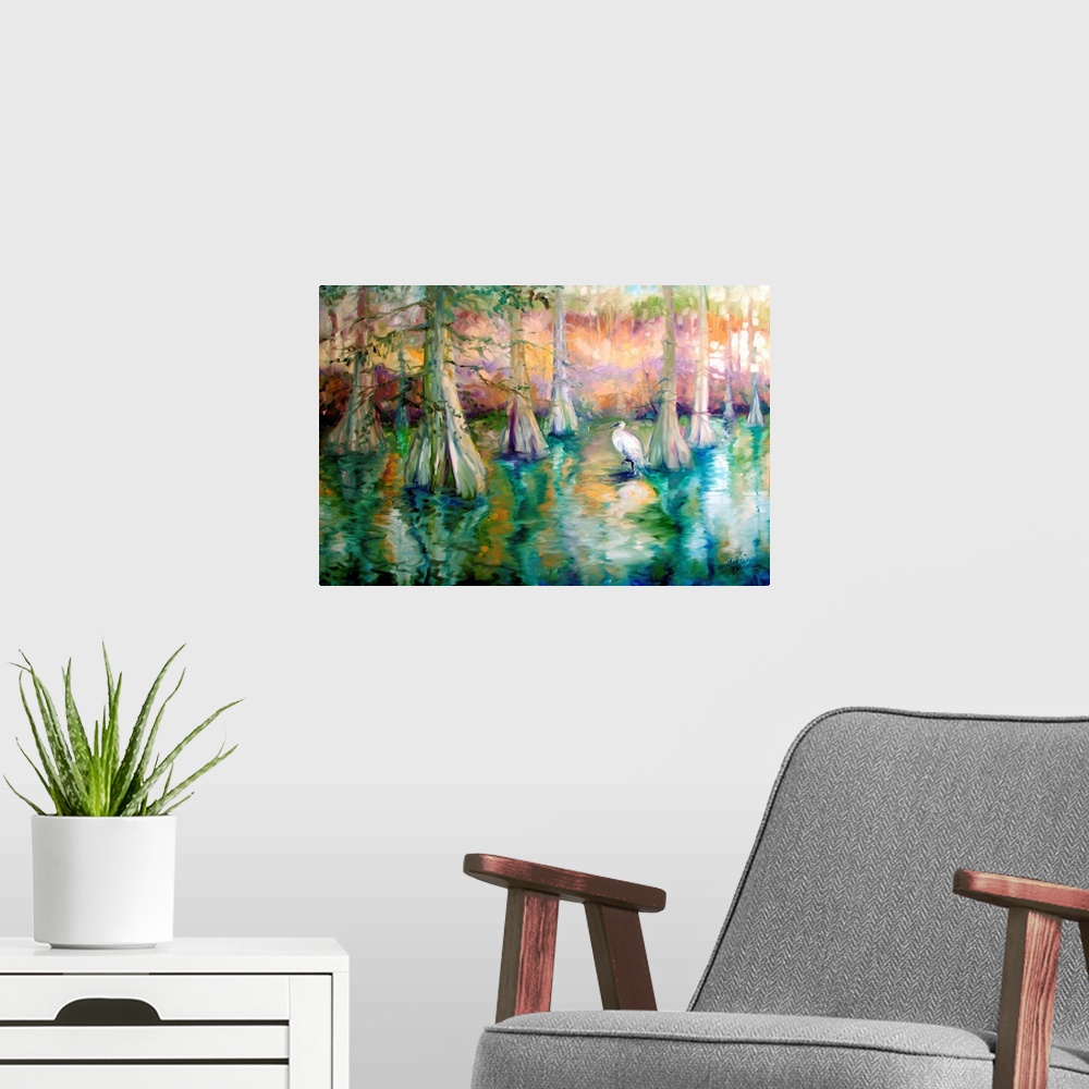 A modern room featuring Contemporary landscape painting of a scene from the Louisiana bayous with a white heron and cypre...