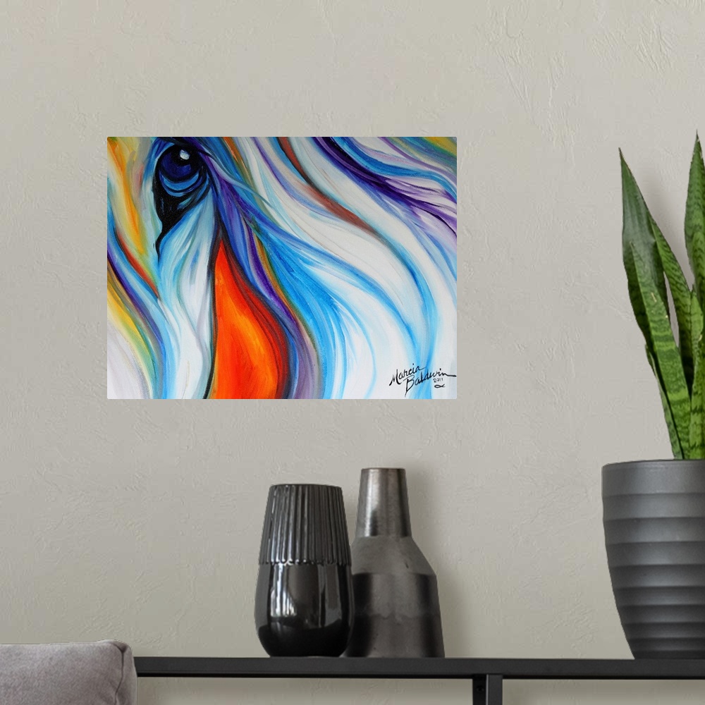 A modern room featuring Colorful painting of a horse close-up with a flowing mane and compassionate stare.