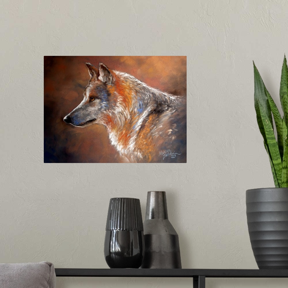 A modern room featuring Contemporary painting of a wolf created with short brushstrokes of white, gray, orange, blue, and...