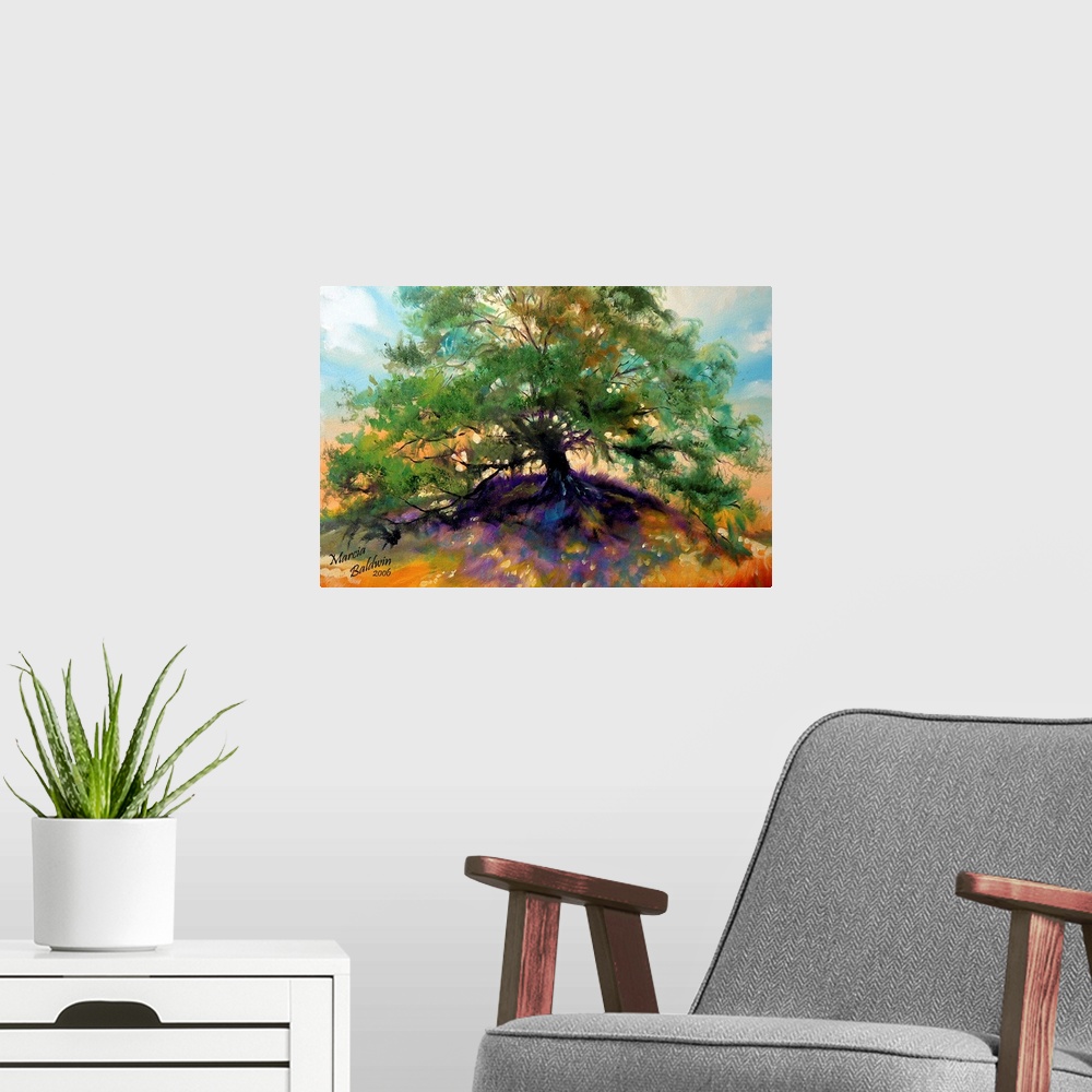 A modern room featuring Contemporary painting of a large oak tree with green leaves casting purple and blue shadows on th...
