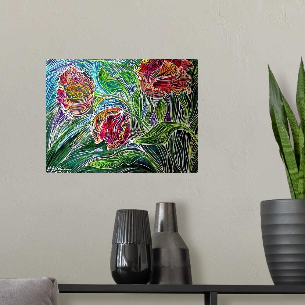 A modern room featuring Three blossoms of the parrot tulip captured on canvas using a technique of Batik and watercolor.