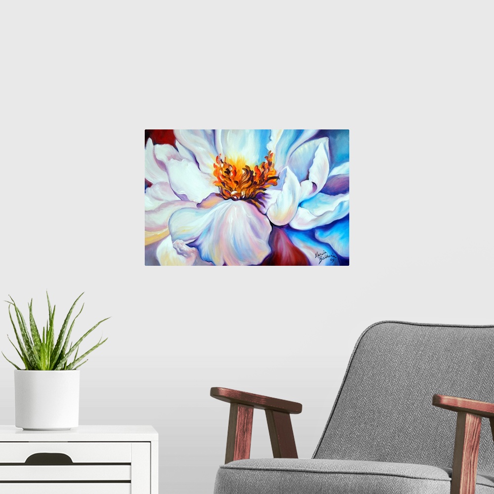 A modern room featuring Close up painting of a white peony on a red and blue background.