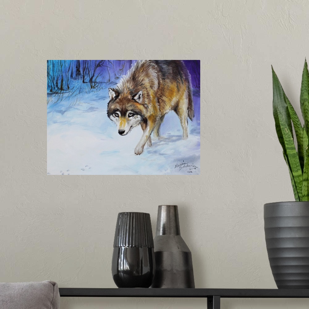 A modern room featuring Contemporary painting of a lone wolf in snow scene, tracking his prey in cool tones.