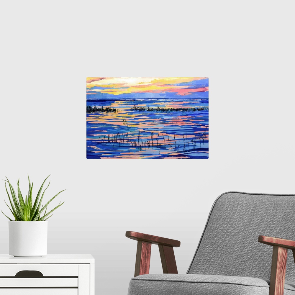 A modern room featuring Sunset over water scene iin Cape Cod.