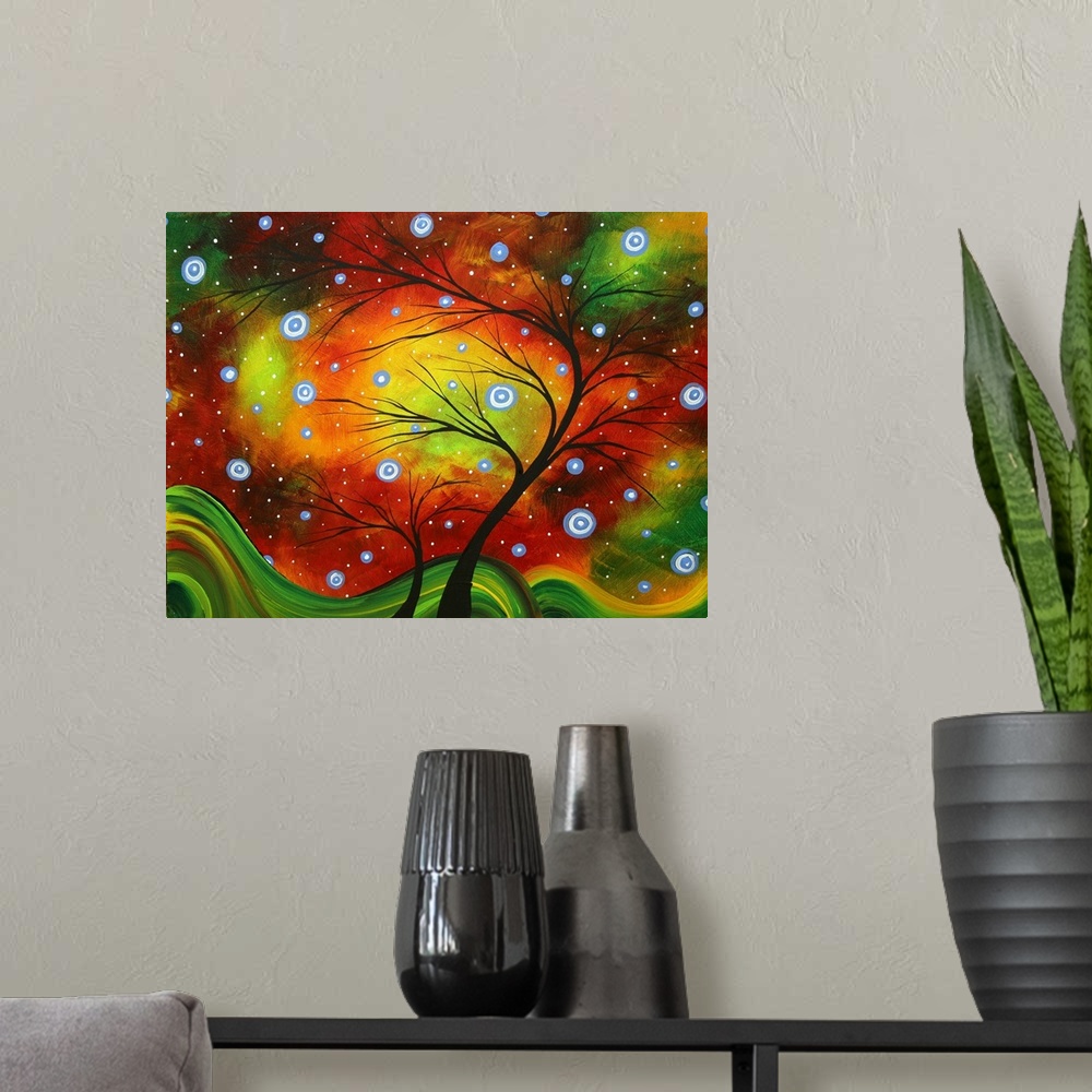 A modern room featuring This surreal painting shows a silhouetted tree painted over a background of swirling colors and e...