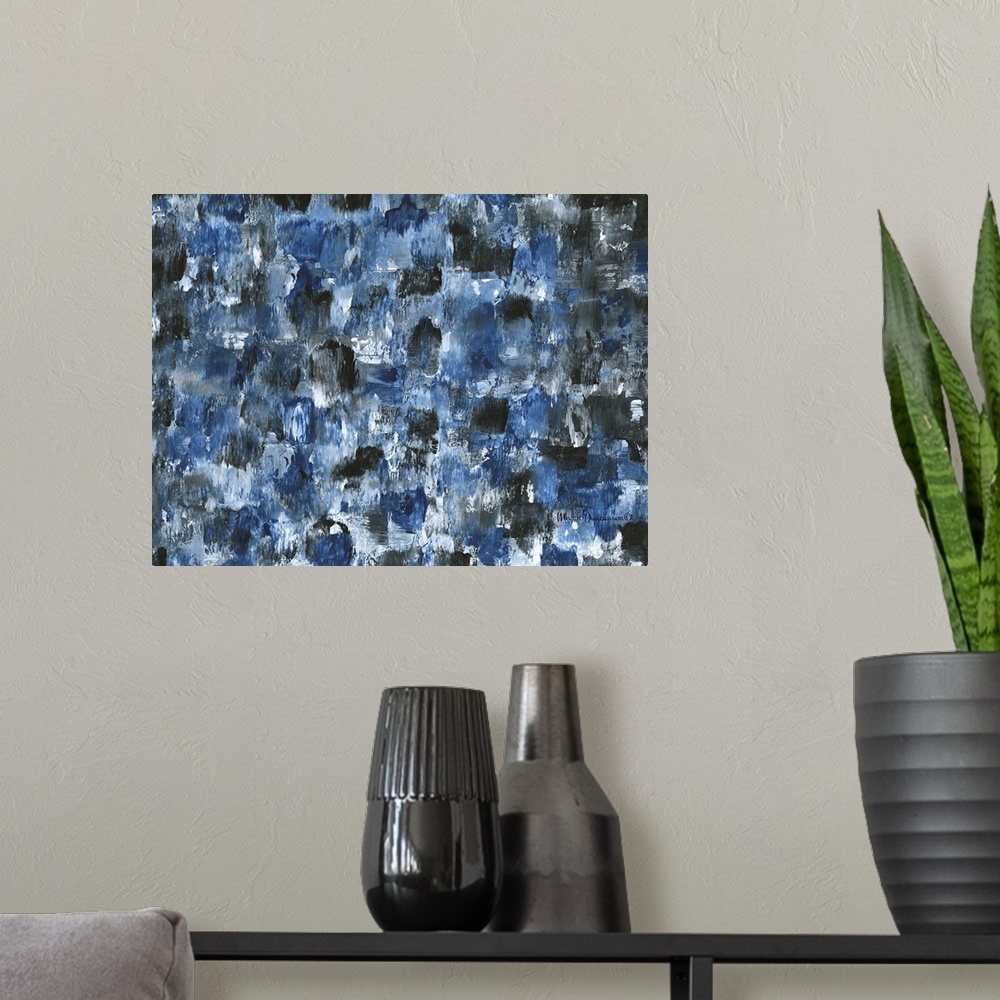 A modern room featuring A contemporary abstract painting that has short and stout dark blue, black, white and gray brushs...