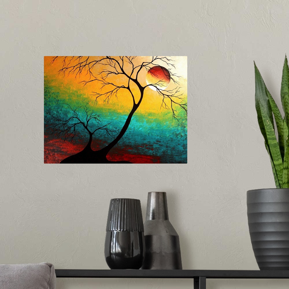 A modern room featuring Contemporary abstract image of tree silhouettes with colorful striped horizontal sky and full moon.