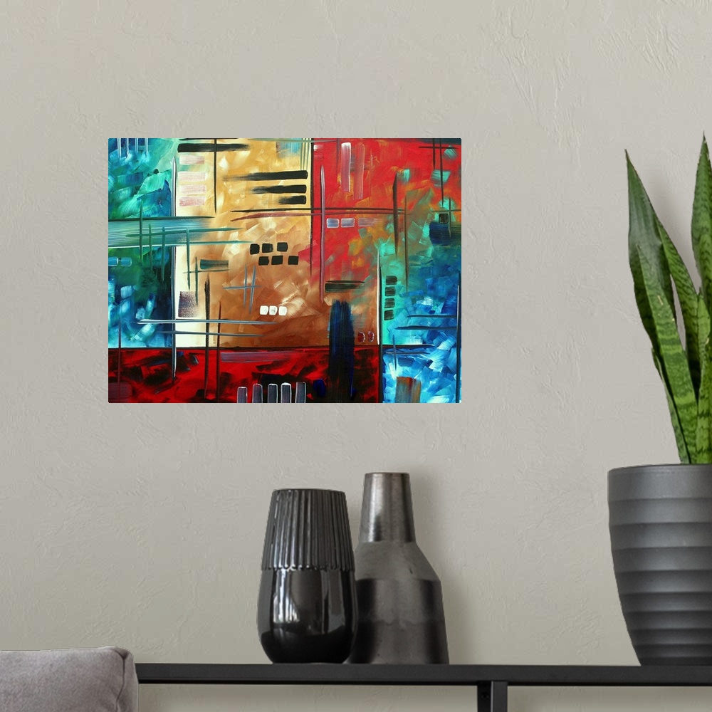 A modern room featuring Contemporary abstract image of colorful blocks separated with lines and hatch marks with square p...