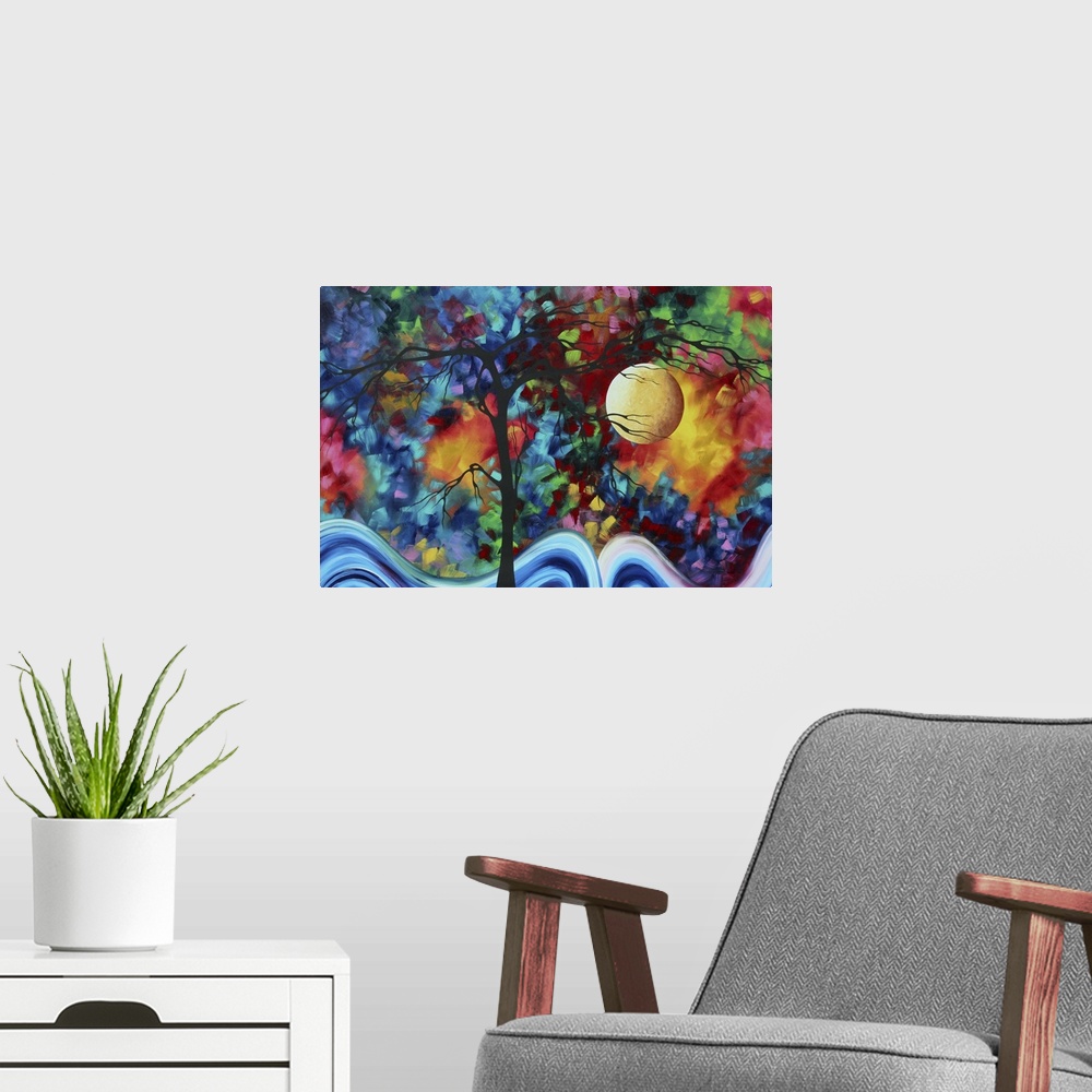 A modern room featuring Whimsical contemporary abstract painting of a tree silhouette with a multicolored paint daubed ba...