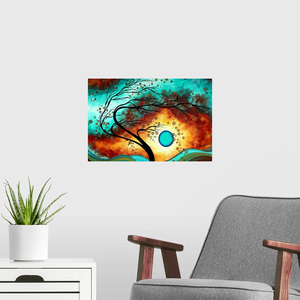 A modern room featuring Modern graphic artwork featuring a thin tree swaying with a planet low in the sky and a vast univ...