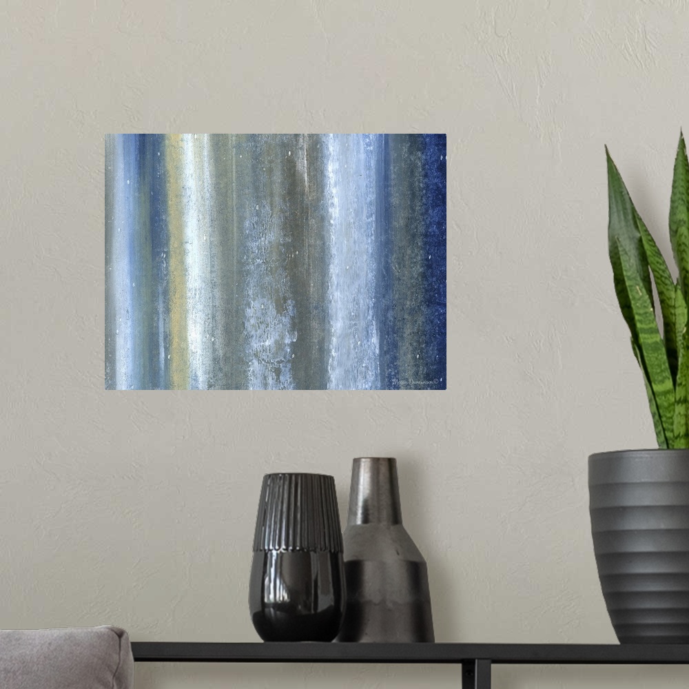 A modern room featuring A contemporary abstract painting that has vertical lines of different shades of blue, green, whit...