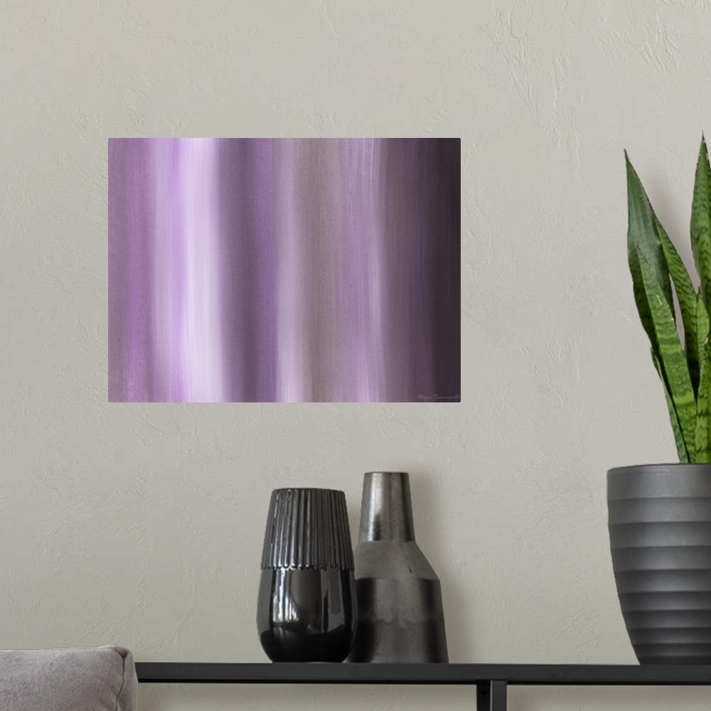 A modern room featuring A contemporary abstract painting that has varied shades of purple hues running smoothly and verti...