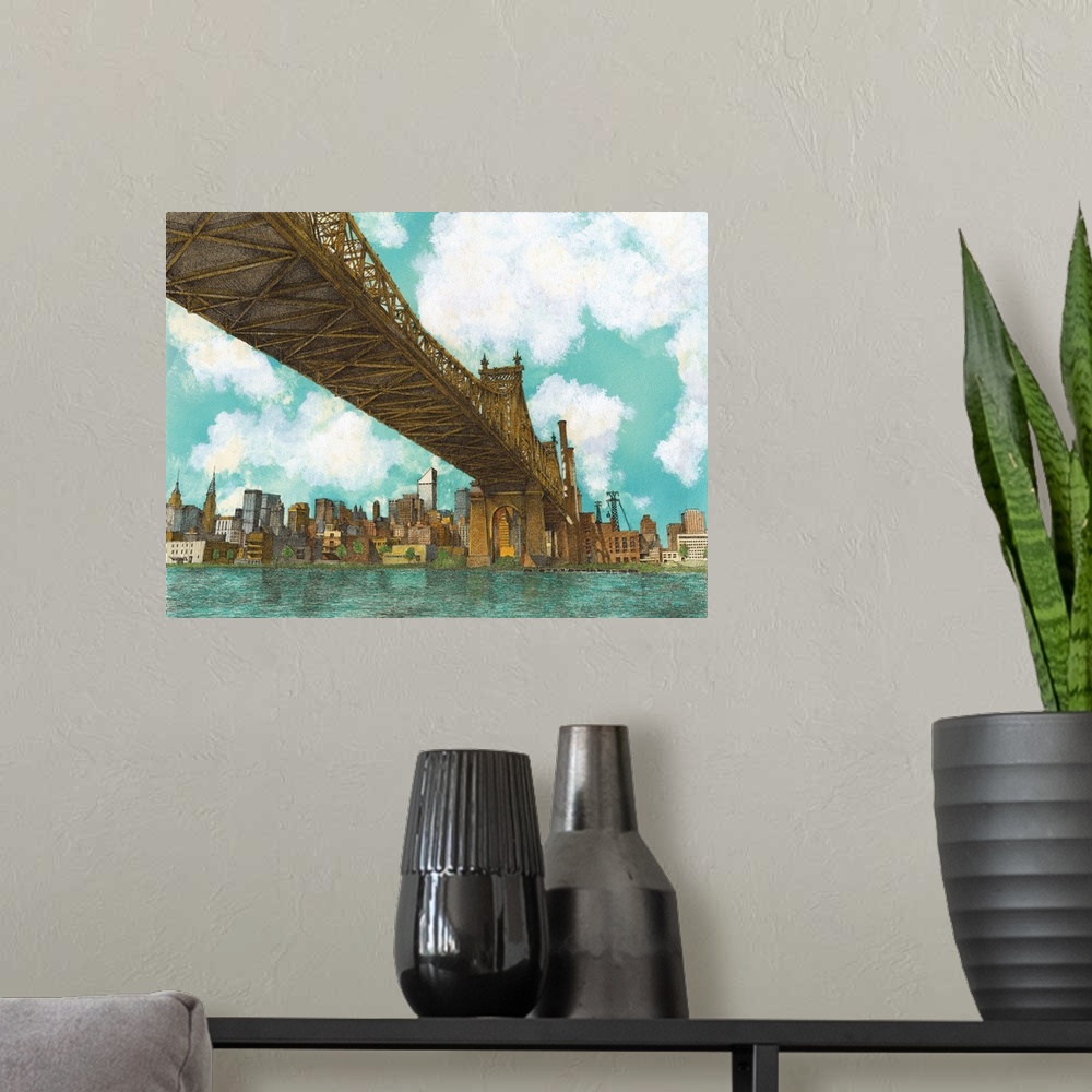 A modern room featuring Contemporary illustration of the 59th street bridge spanning the east river in New York city.