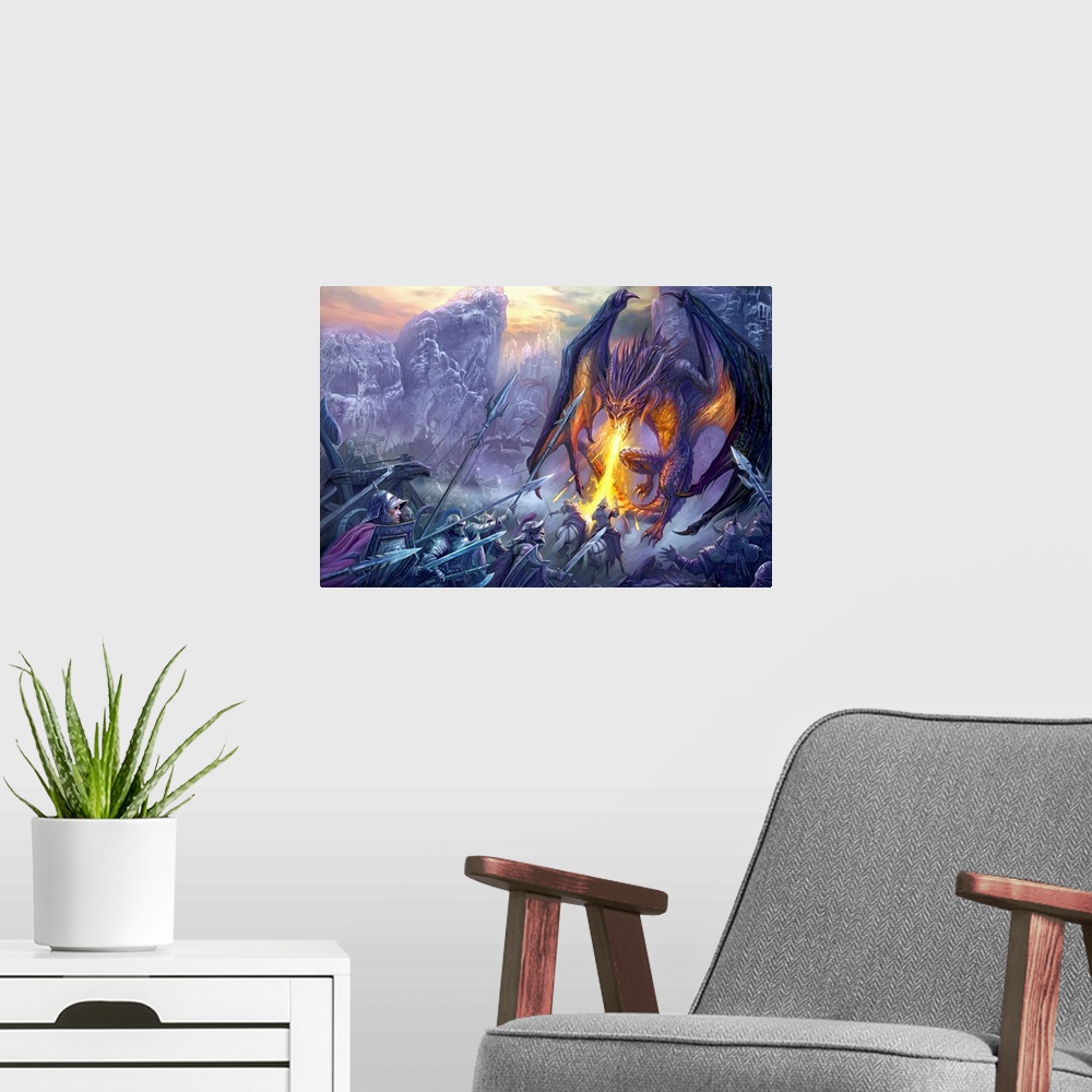 A modern room featuring Horizontal fantasy artwork on a large wall hanging of a dragon breathing fire onto a large group ...