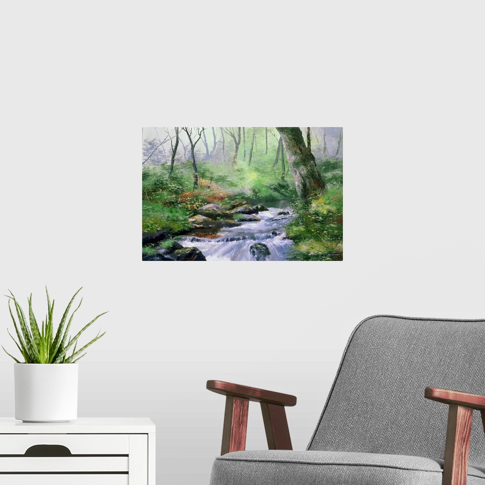 A modern room featuring Contemporary painting of a stream moving through a forest.