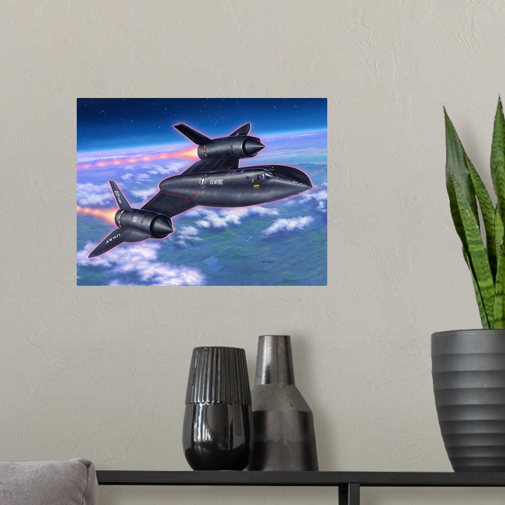 A modern room featuring An SR-71 Blackbird cruises at high speed and altitude.