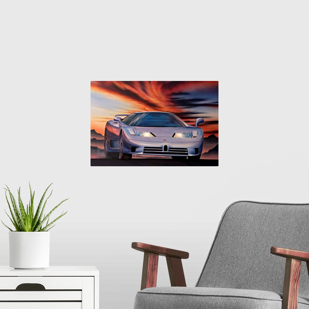 A modern room featuring Artwork of sports car with mountains and dark cloudy sky in the background.