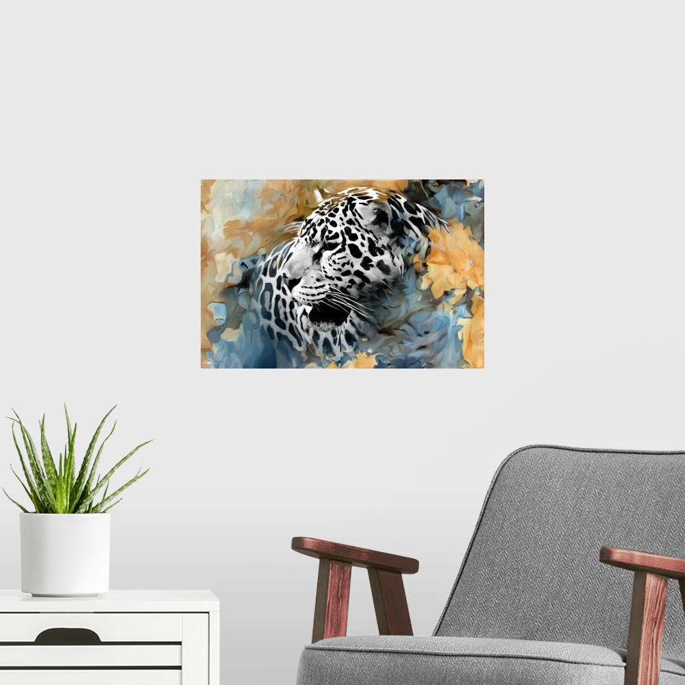 A modern room featuring Contemporary animal art of a leopard surround by abstract forms in earthy tones.
