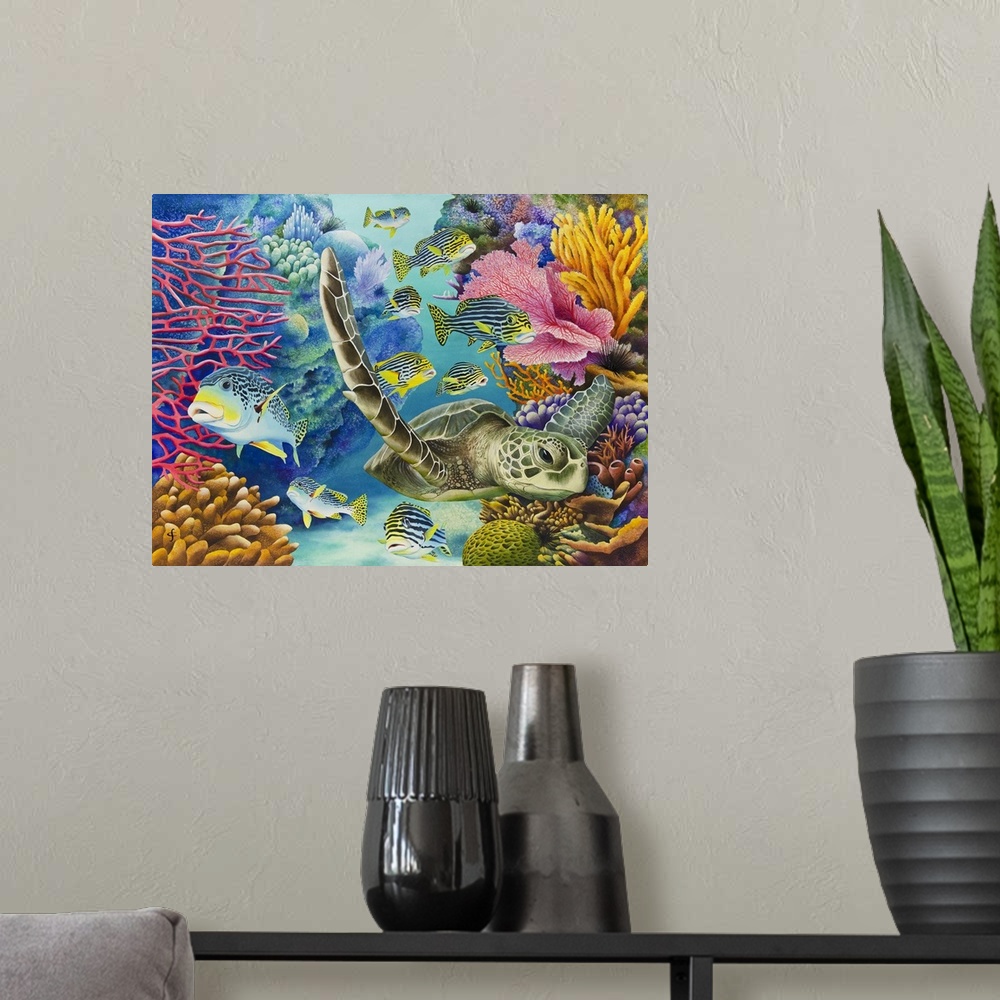 A modern room featuring Whimsy watercolor painting of a sea turtle a tropical fish swimming through a coral reef.
