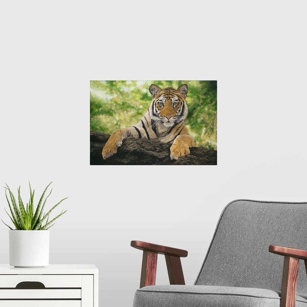 A modern room featuring Contemporary painting of a young tiger cub leaning over a log.