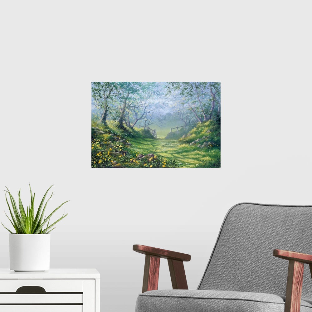 A modern room featuring Contemporary painting of  countryside clearing with lush green grass and bright yellow flowers al...