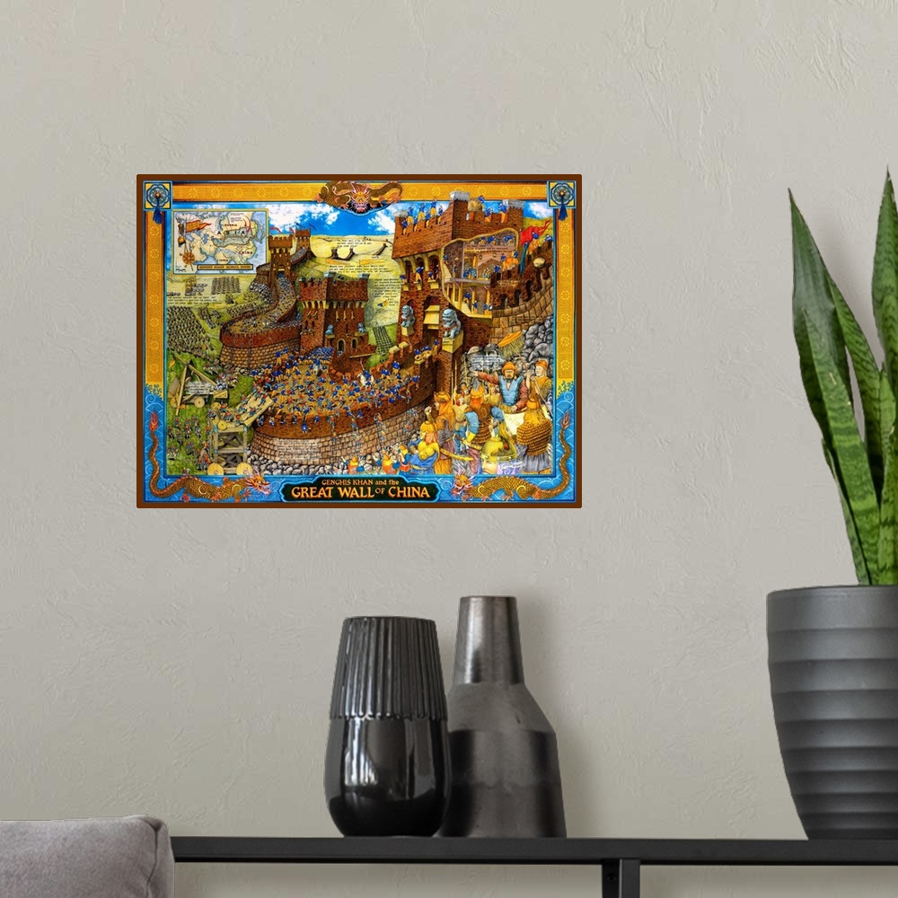 A modern room featuring Educational illustration of the Great Wall of China and when Genghis Khan attacked it.