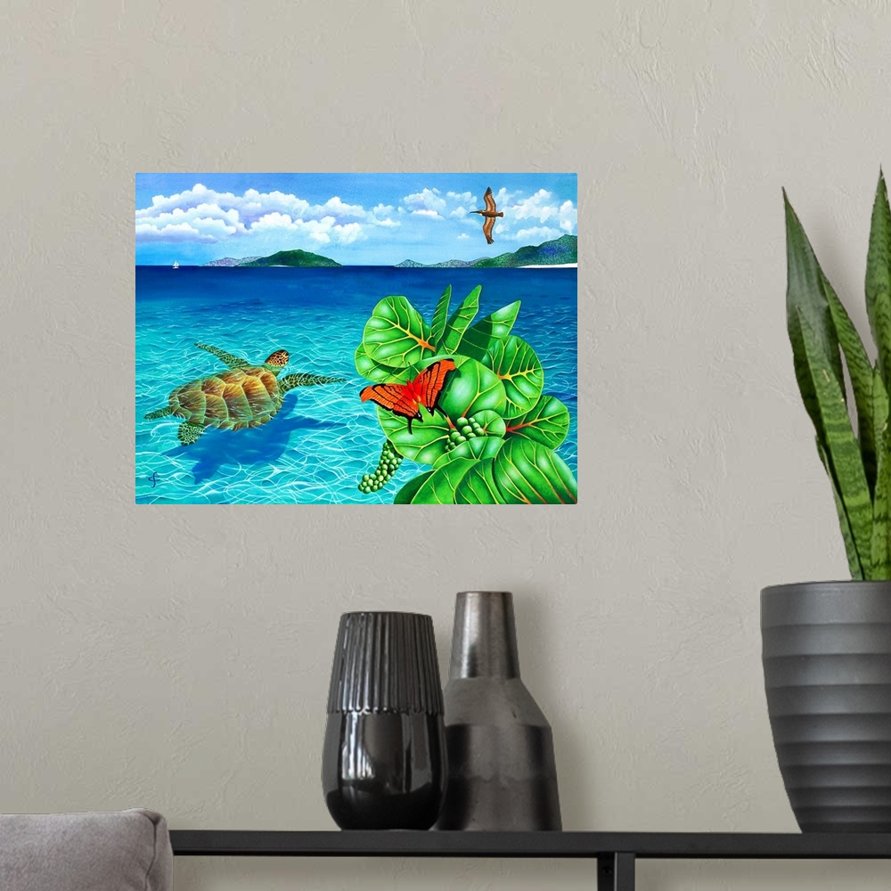 A modern room featuring Tropical themed artwork of a sea turtle swimming in crystal blue water, with a bright butterfly o...