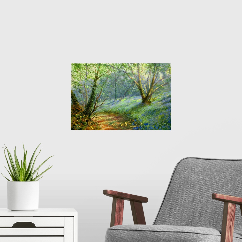 A modern room featuring Contemporary painting of a path in a lush forest.