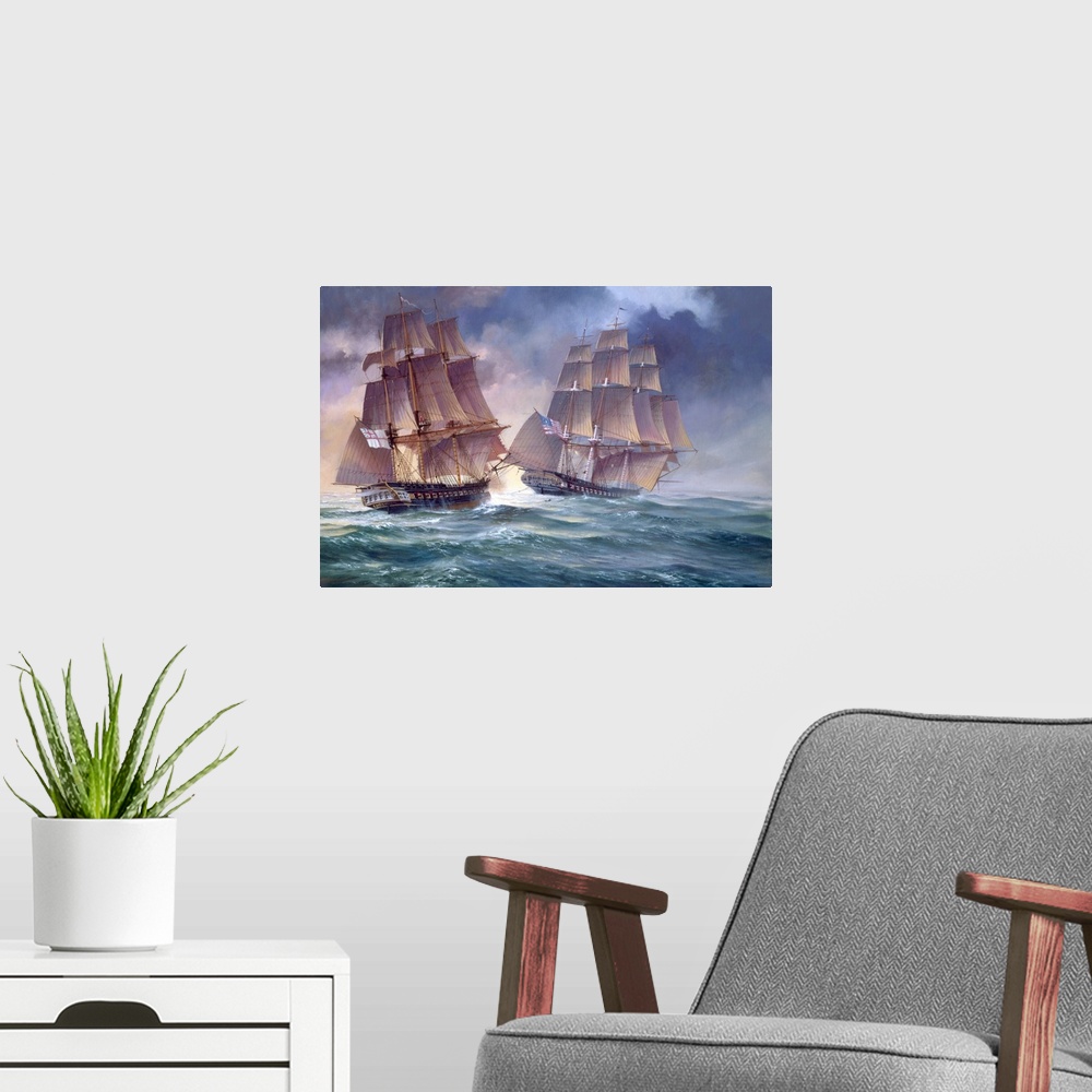 A modern room featuring Painting of of an old naval vessels in the heat of battle.
